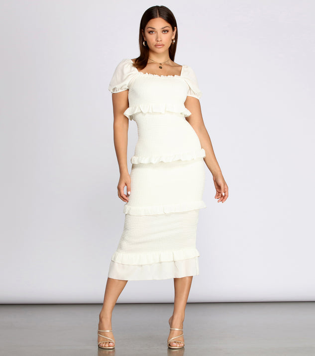 Ruffle Square Neck Smocked Midi Dress is a stunning choice for a bridesmaid dress or maid of honor dress, and to feel beautiful at Homecoming 2023, fall or winter weddings, formals, & military balls!