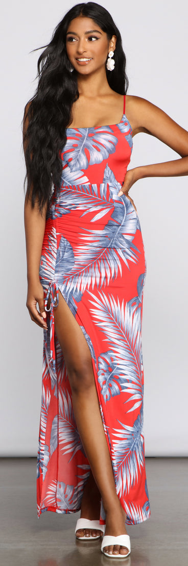 Pretty Palm Ruched Maxi Dress