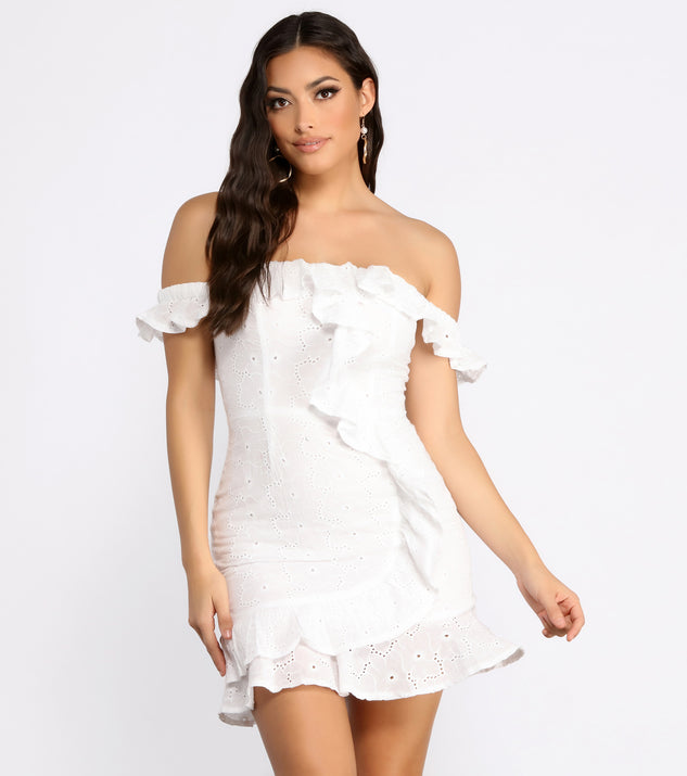 Ruffle Detail Eyelet Off The Shoulder Mini Dress is a trendy pick to create 2023 festival outfits, festival dresses, outfits for concerts or raves, and complete your best party outfits!