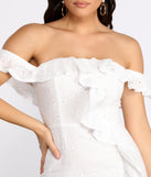 Ruffle Detail Eyelet Off The Shoulder Mini Dress is a trendy pick to create 2023 festival outfits, festival dresses, outfits for concerts or raves, and complete your best party outfits!
