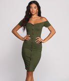 All Buttoned Up Off The Shoulder Midi Dress creates the perfect spring wedding guest dress or cocktail attire with stylish details in the latest trends for 2023!