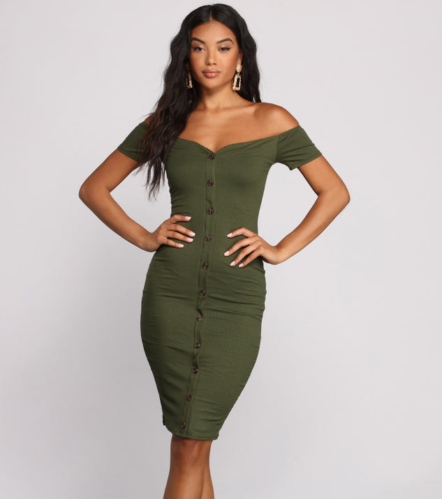 All Buttoned Up Off The Shoulder Midi Dress creates the perfect spring wedding guest dress or cocktail attire with stylish details in the latest trends for 2023!