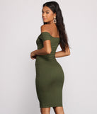 All Buttoned Up Off The Shoulder Midi Dress creates the perfect spring wedding guest dress or cocktail attire with stylish details in the latest trends for 2023!