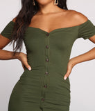 All Buttoned Up Off The Shoulder Midi Dress creates the perfect spring wedding guest dress or cocktail attire with stylish details in the latest trends for 2023!