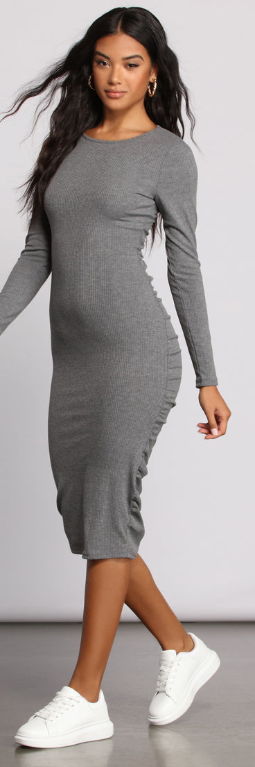Open Back Ruched Ribbed Knit Midi Dress