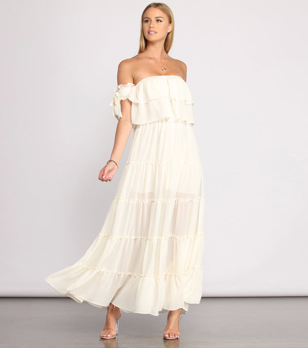 You will feel beautiful in the Ruffled Romance Off The Shoulder Maxi Dress as your long dress for any semi-formal or formal holiday party, NYE dress outfit, or pick this stunning style as your gown for any seasonal celebration.