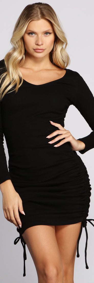 You’ll make a statement in Fall Back To Basics Ribbed Knit Ruched Mini Dress as an NYE club dress, a tight dress for holiday parties, sexy clubwear, or a sultry bodycon dress for that fitted silhouette.