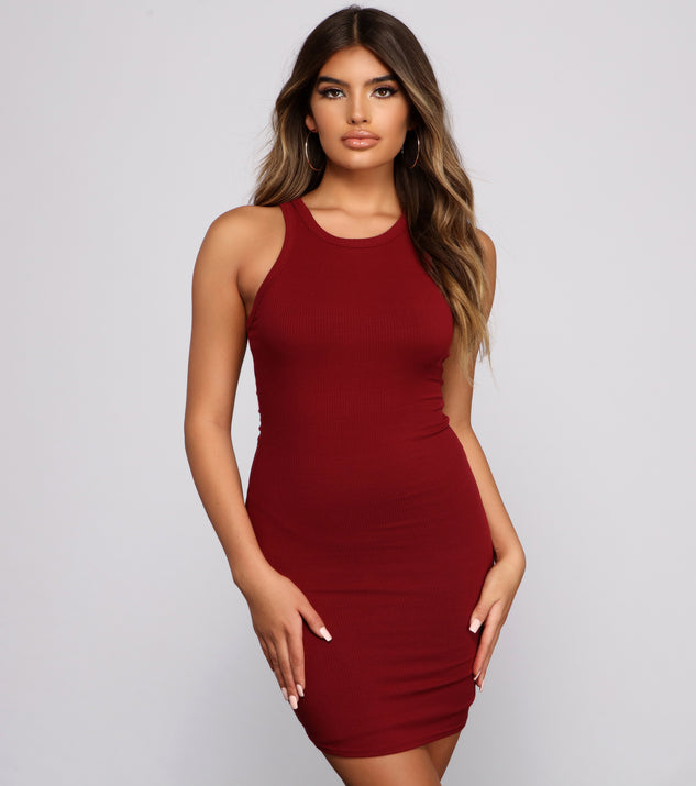 Ribbed Knit Crew Neck Bodycon Mini Dress