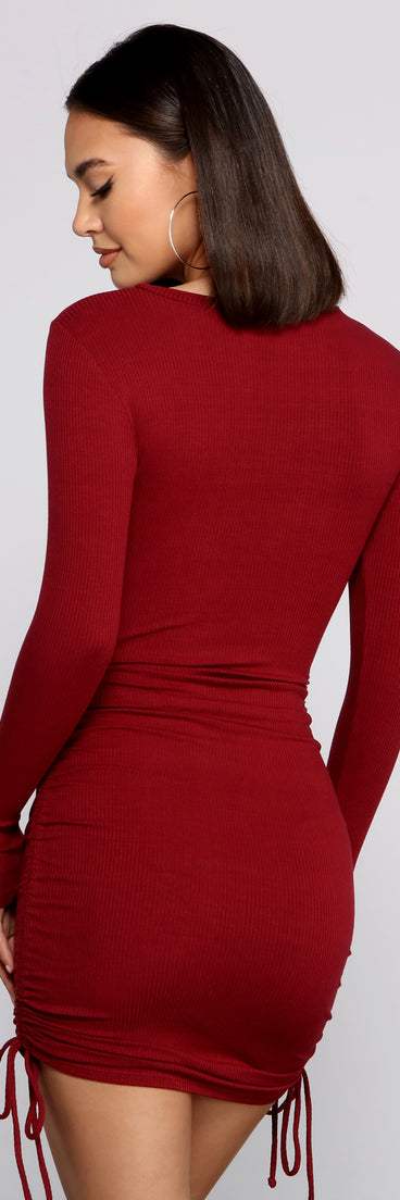 Ruched And Ribbed Knit Crew Neck Mini Dress