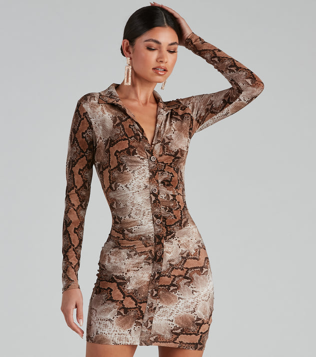 Stun In Snake Print Button-Down Dress for 2022 festival outfits, festival dress, outfits for raves, concert outfits, and/or club outfits