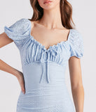 Essential for vacations or summer days, the Pretty Cute Eyelet Lace Mini Dress is a sundress or milkmaid dress with sleek and flirty details.