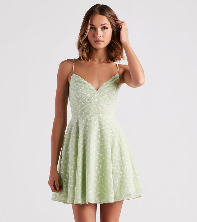 Sway With Me Eyelet Lace Skater Dress is a trendy pick to create 2023 concert outfits, festival dresses, outfits for raves, or to complete your best party outfits or clubwear!