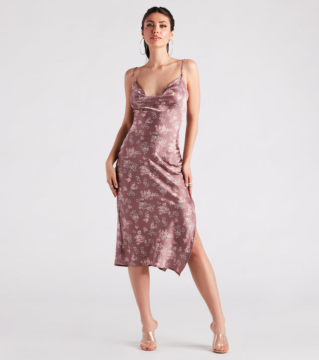 Dreamy In Floral Satin Midi Dress creates the perfect summer wedding guest dress or cocktail party dresss with stylish details in the latest trends for 2023!