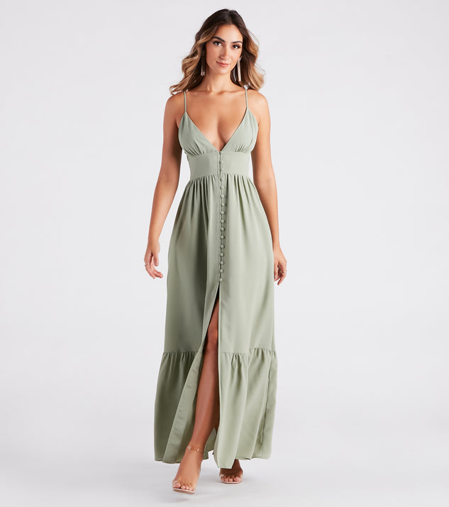 Essential for vacations or summer days, the Swept Off Your Feet Button Ruffle Maxi Dress is a sundress or milkmaid dress with sleek and flirty details.