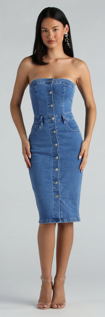 On The Down Low Denim Strapless Midi Dress