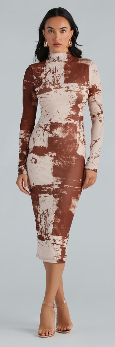 Abstract Moment Mesh Mock Neck Midi Dress | Windsor Abstract Moment Mesh Mock Neck Midi Dress | Windsor