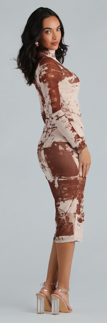Abstract Moment Mesh Mock Neck Midi Dress