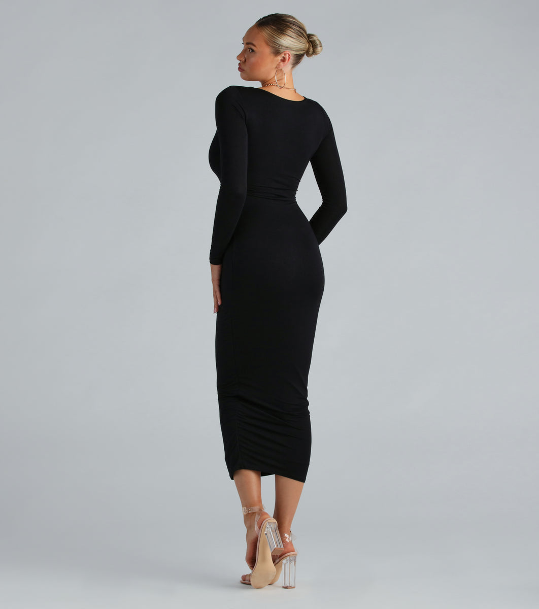 Smooth Silhouette Long Sleeve Bodycon Maxi Dress