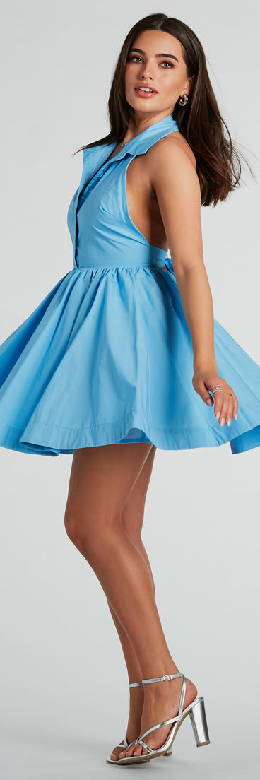 Sunny Afternoons Collar Open Back Skater Dress with on-trend details provides a stylish start to creating your graduation outfit for the 2024 Commencement or grad party!