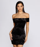Off Shoulder Glitter Velvet Mini helps create the best bachelorette party outfit or the bride's sultry bachelorette dress for a look that slays!