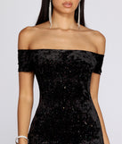Off Shoulder Glitter Velvet Mini is the perfect Homecoming look pick with on-trend details to make the 2023 HOCO dance your most memorable event yet!
