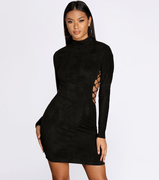 Lace Up Suede Mini Dress helps create the best bachelorette party outfit or the bride's sultry bachelorette dress for a look that slays!