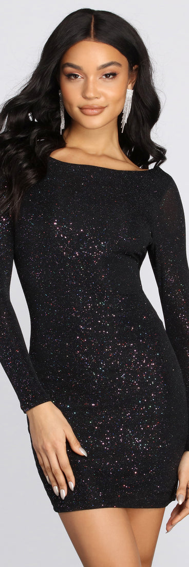 You’ll make a statement in Glitter Cutie Long Sleeve Mini Dress as an NYE club dress, a tight dress for holiday parties, sexy clubwear, or a sultry bodycon dress for that fitted silhouette.
