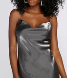 Metallic Cowl Neck Mini Dress for 2022 festival outfits, festival dress, outfits for raves, concert outfits, and/or club outfits