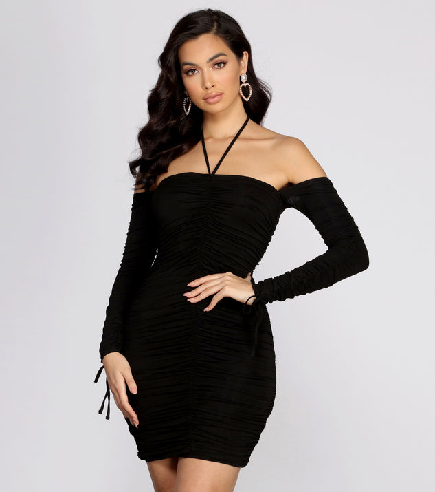 You’ll make a statement in Ruching Into It Off Shoulder Mini Dress as an NYE club dress, a tight dress for holiday parties, sexy clubwear, or a sultry bodycon dress for that fitted silhouette.
