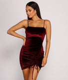 The Velvet Stunner Ruched Mini Dress is a unique party dress to help you create a look for work parties, birthdays, anniversaries, or your next 2023 celebration!