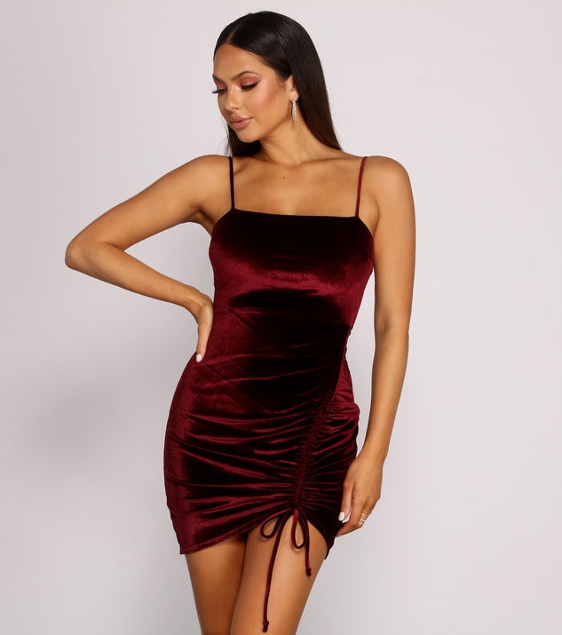 The Velvet Stunner Ruched Mini Dress is a unique party dress to help you create a look for work parties, birthdays, anniversaries, or your next 2023 celebration!