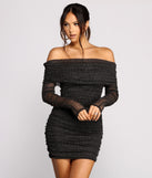 Shimmer Nights Off the Shoulder Glitter Mini Dress helps create the best bachelorette party outfit or the bride's sultry bachelorette dress for a look that slays!