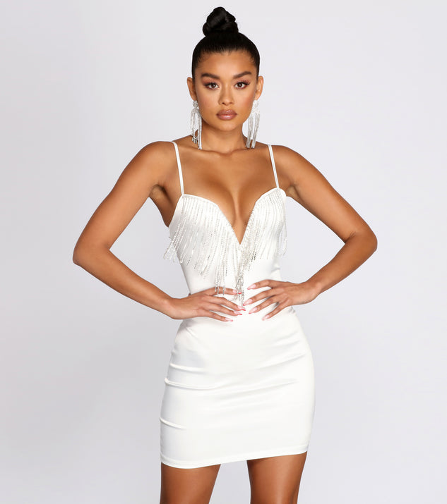 Absolutely Speechless Rhinestone Fringe Satin Mini Dress is a trendy pick to create 2023 festival outfits, festival dresses, outfits for concerts or raves, and complete your best party outfits!
