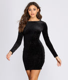 Long Sleeve Glitter Mini Dress helps create the best bachelorette party outfit or the bride's sultry bachelorette dress for a look that slays!