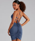 Sultry Glam Lace Up Ruched Mini Dress helps create the best bachelorette party outfit or the bride's sultry bachelorette dress for a look that slays!