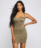 Elite Glam Faux Suede Mini Dress helps create the best bachelorette party outfit or the bride's sultry bachelorette dress for a look that slays!