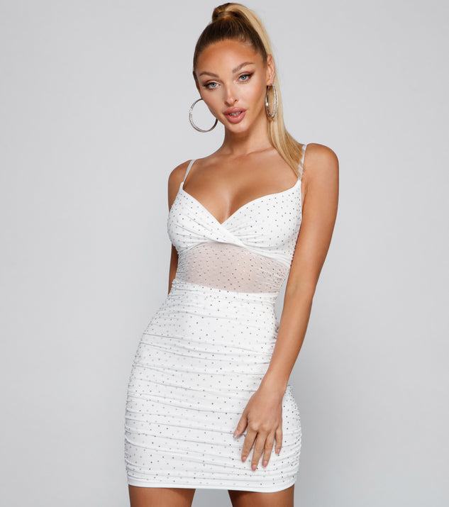 Make It Sparkle Illusion Rhinestone Mini Dress is a gorgeous pick as your 2024 Homecoming dress or formal gown for wedding guest, spring or summer bridesmaids, or military ball attire!