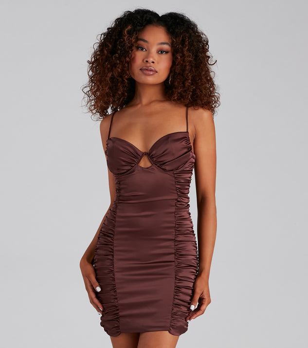You’ll make a statement in Sparks Fly Ruched Satin Mini Dress as an NYE club dress, a tight dress for holiday parties, sexy clubwear, or a sultry bodycon dress for that fitted silhouette.