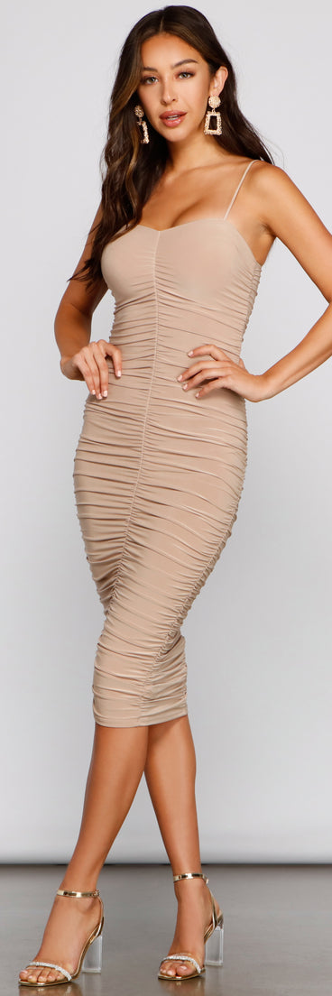 Chic Factor Ruched Midi Dress helps create the best bachelorette party outfit or the bride's sultry bachelorette dress for a look that slays!