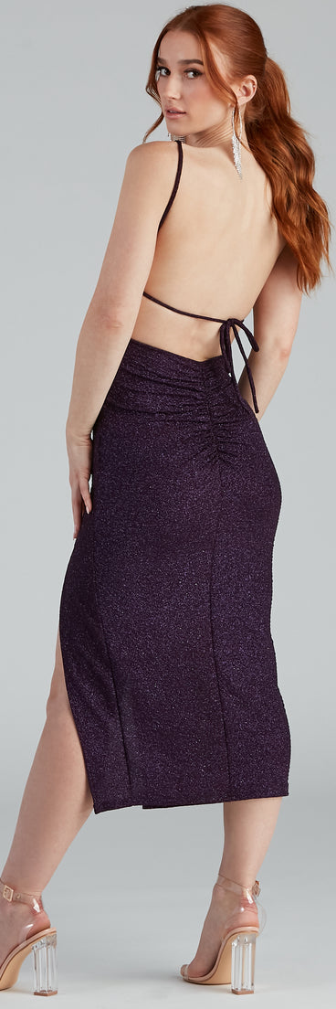Shimmering Beauty Glitter Tie-Back Midi Dress is the perfect Homecoming look pick with on-trend details to make the 2023 HOCO dance your most memorable event yet!