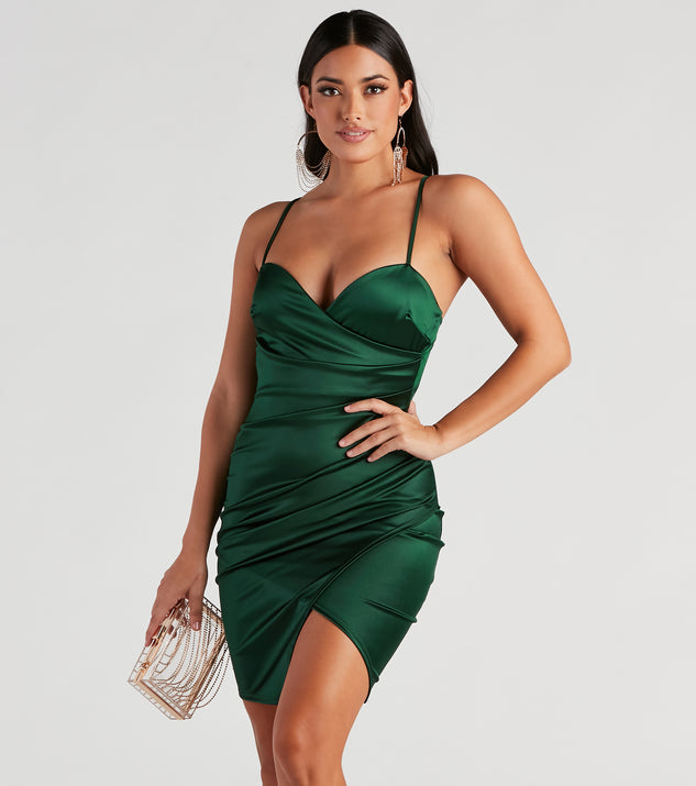 Wrapped In Sleek Satin Mini Dress is a stunning choice for a bridesmaid dress or maid of honor dress, and to feel beautiful at Homecoming 2023, fall or winter weddings, formals, & military balls!
