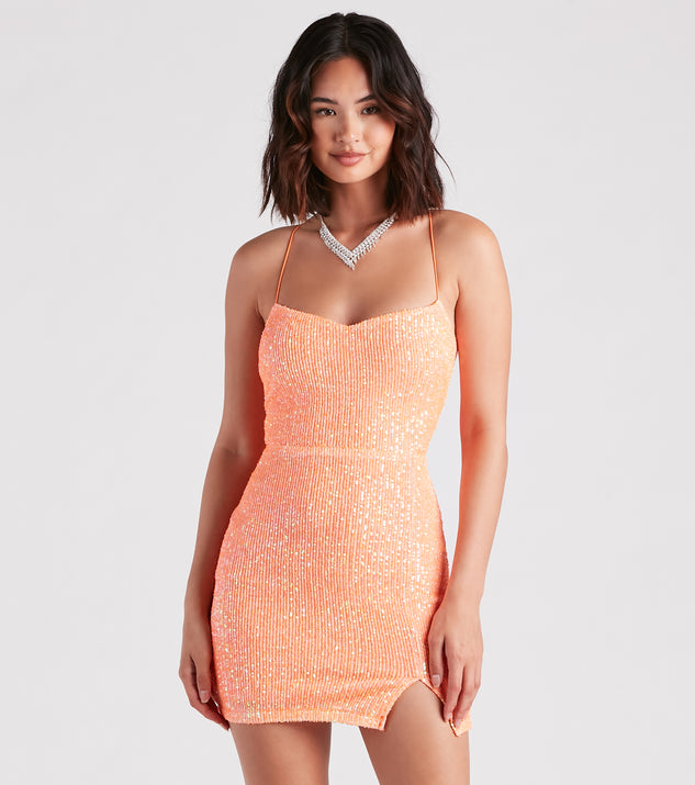 Dazzle Down Sequin Lace-Up Mini Dress is a gorgeous pick as your 2023 Homecoming dress or formal gown for wedding guest, fall bridesmaid, or military ball attire!
