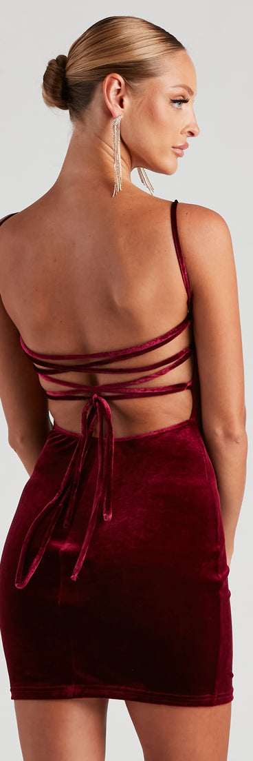 The Luxe Lace-Up Velvet Mini Dress is a unique party dress to help you create a look for work parties, birthdays, anniversaries, or your next 2023 celebration!