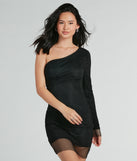 Level up your club dress with the Iconic Sparkle One-Shoulder Rhinestone Fishnet Mini Dress to create a trendy Vegas outfit or nightclub dress with the hottest details!
