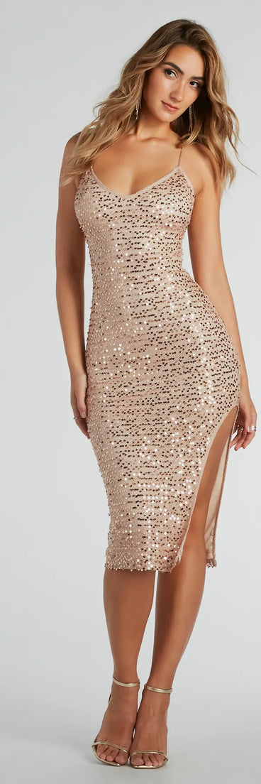 The midi dress length on the Dazzling Lace-Up Sequin Crochet Knit Midi Dress provides an elevated silhouette perfect for any party, occasion, or everyday styling.
