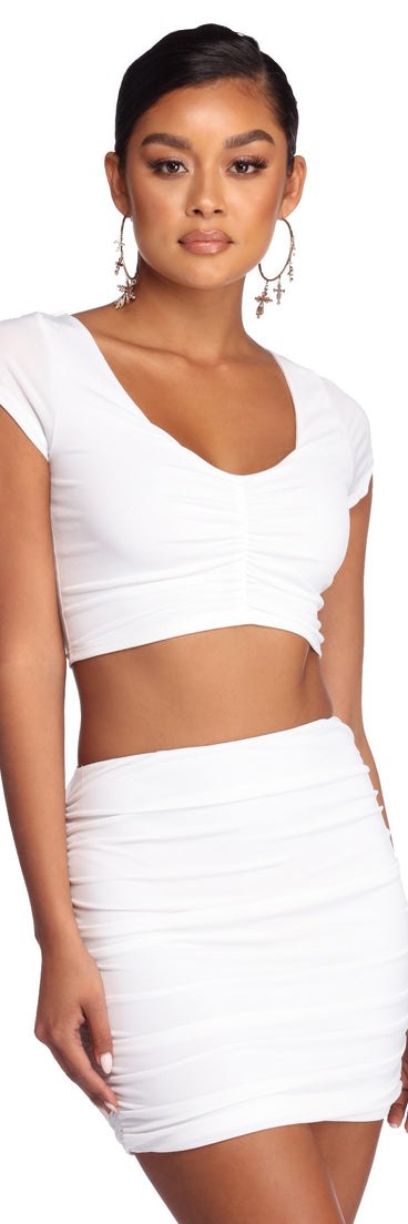 Pretty And Ruched Crop Top helps create the best bachelorette party outfit or the bride's sultry bachelorette dress for a look that slays!