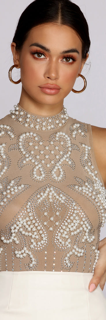 Pearl Ambition Sleeveless Bodysuit helps create the best bachelorette party outfit or the bride's sultry bachelorette dress for a look that slays!
