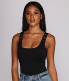 With fun and flirty details, Buckle Down Sleeveless Bodysuit shows off your unique style for a trendy outfit for the summer season!