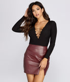 Dress up in Long Sleeve Lace Up Bodysuit as your going-out dress for holiday parties, an outfit for NYE, party dress for a girls’ night out, or a going-out outfit for any seasonal event!