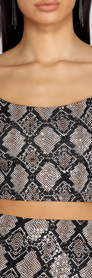 You’ll look stunning in the Seriously Snake Sequined Top when paired with its matching separate to create a glam clothing set perfect for a New Year’s Eve Party Outfit or Holiday Outfit for any event!